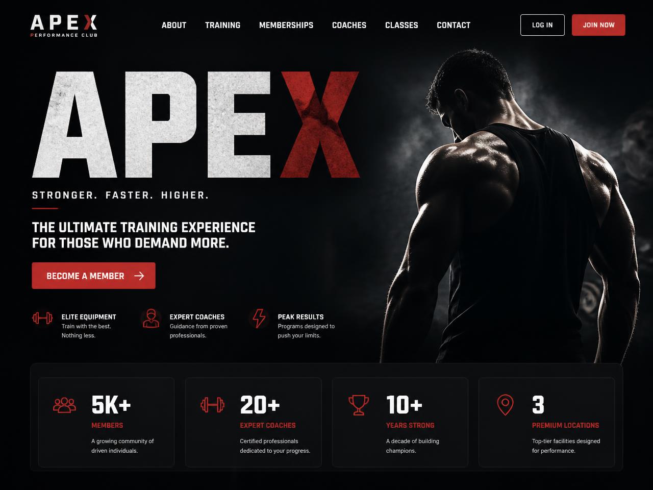 Anteprima del concept di sito web APEX — Performance Club